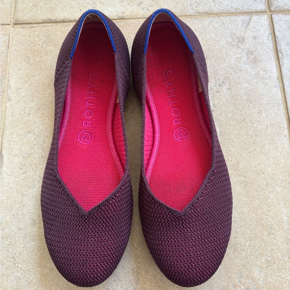Rothy's Women's ballet Knit Flats berry plum color with pink insole.